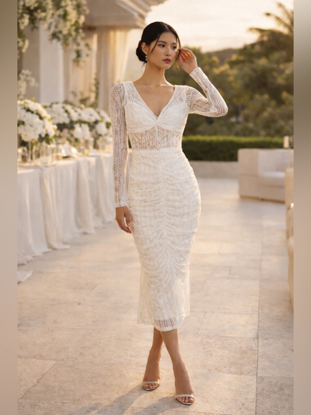 Elegant White Midi Lace Dress with Long Sleeves